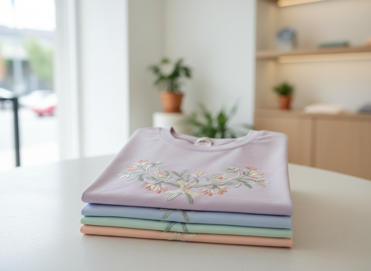 Folded custom embroidered apparel on a light surface