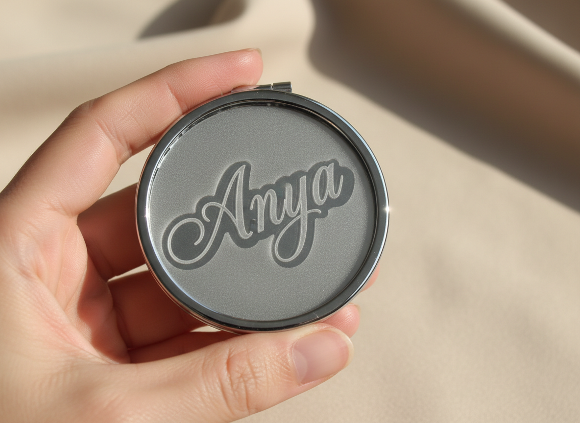 Engraved personalized compact mirror on a neutral background