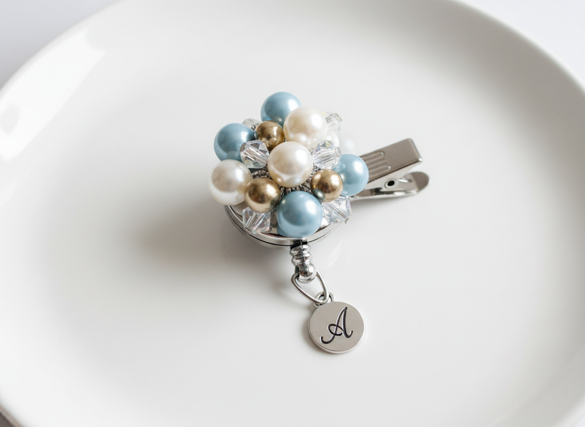Personalized beaded badge reel with retractable clip