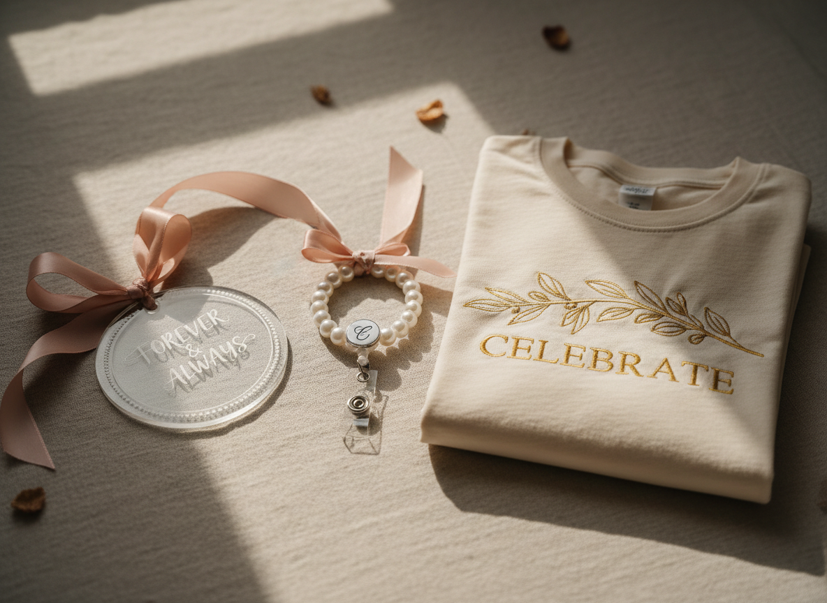 Custom badge reel, folded apparel, and engraved mirror arranged on neutral linen