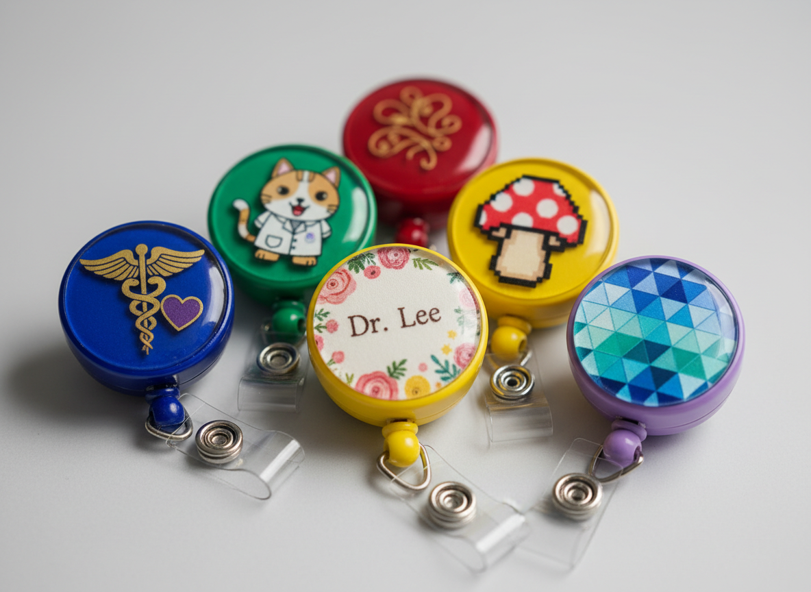 Close-up macro product shot of colorful custom badge reels with personalized designs, arranged elegantly on a clean light gray surface, soft studio lighting, premium boutique product photography, shallow depth of field