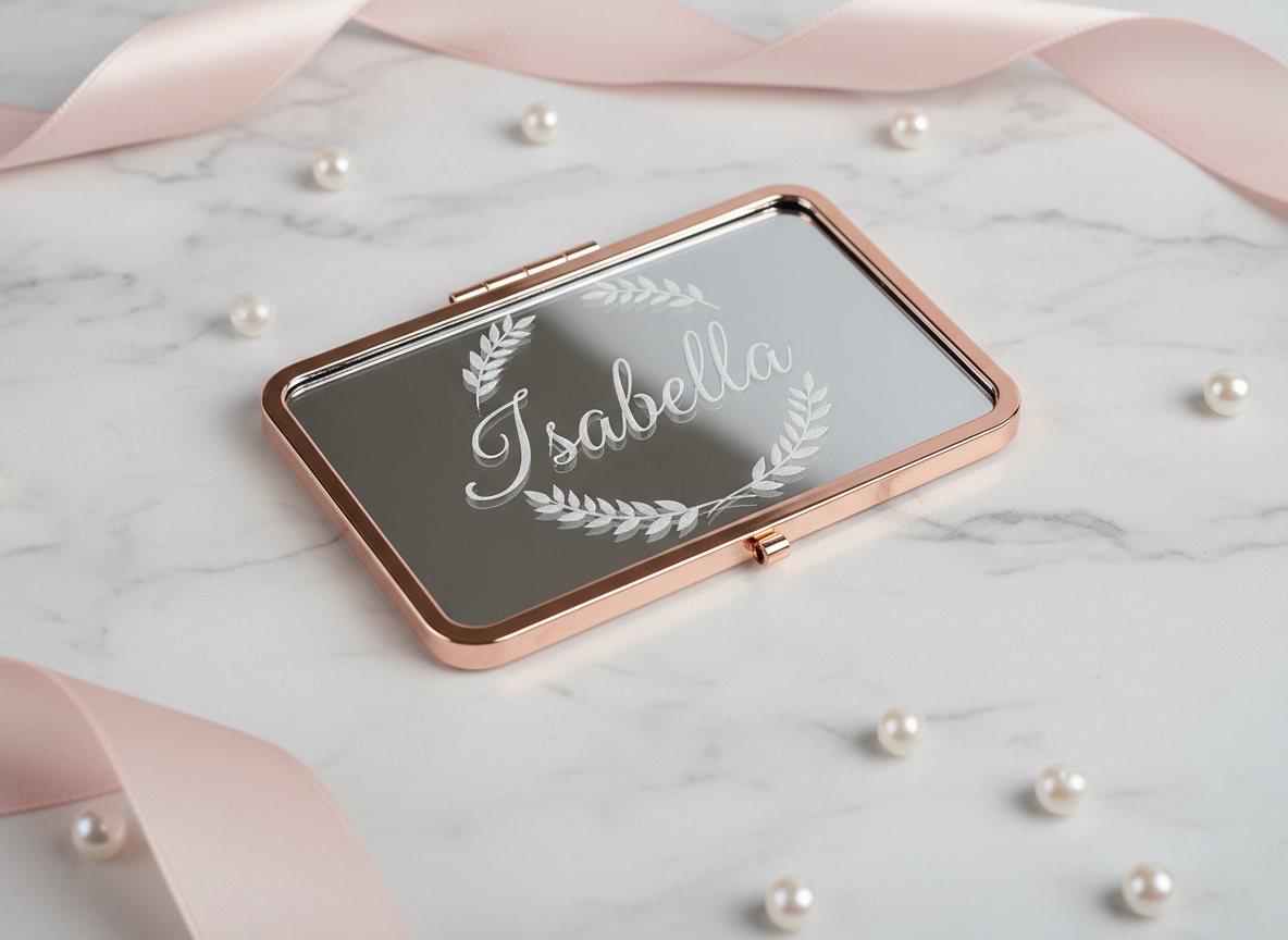 Elegant custom engraved acrylic compact mirror with personalized name engraving, styled on a marble or light gray surface with soft reflections, luxury gift product photography, premium and refined