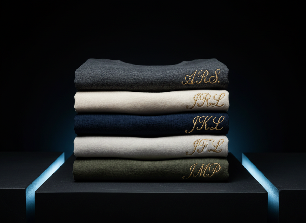 Folded custom personalized apparel — a stack of neatly folded t-shirts and hoodies with custom monogram embroidery, on a minimal dark background with light-blue accent lighting, editorial fashion product photography