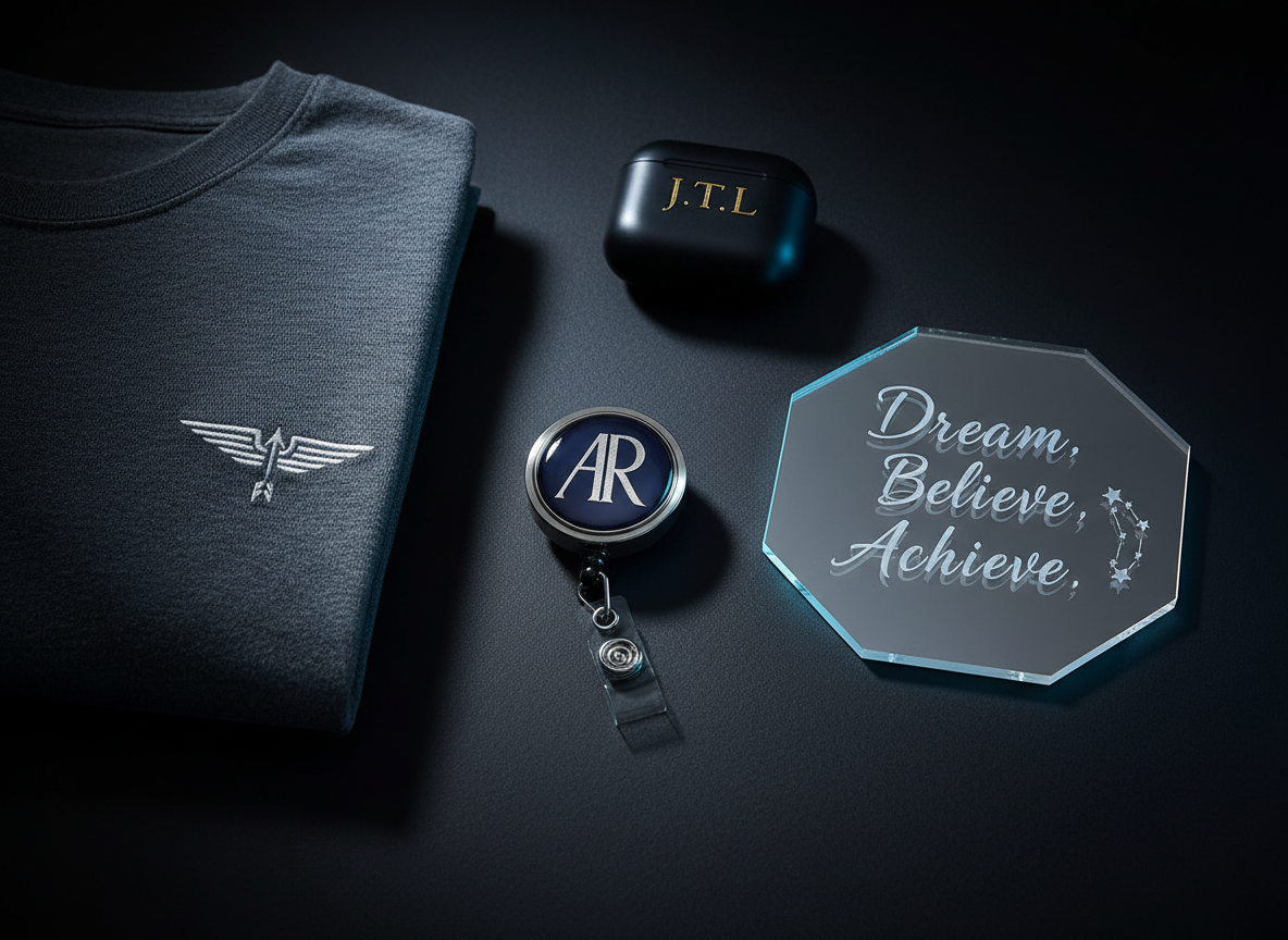 Premium editorial flat-lay of custom personalized products on a matte black surface — badge reels, engraved acrylic mirror, folded custom apparel — dramatic studio lighting with cool light-blue rim light, luxury boutique aesthetic, high contrast, sophisticated