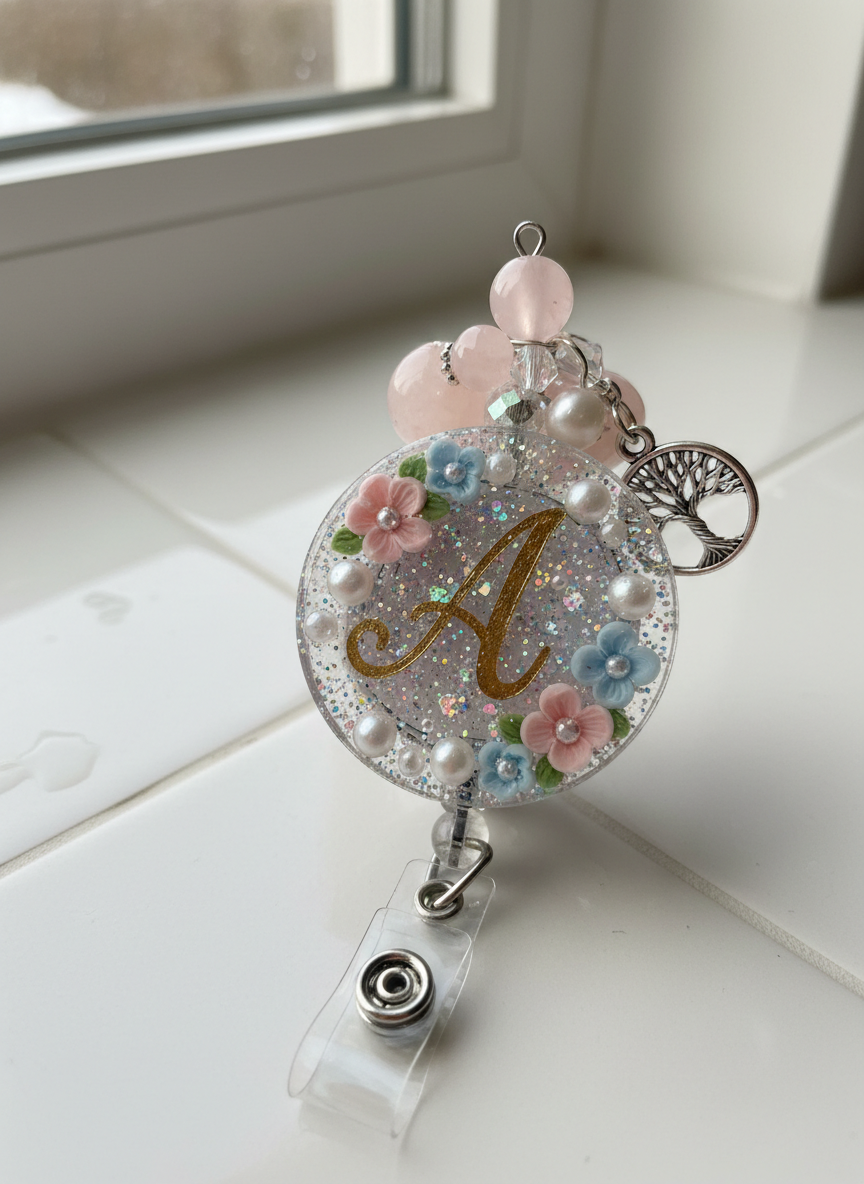 Close-up of a single personalized handmade badge reel showing its beaded charm and retractable cord.